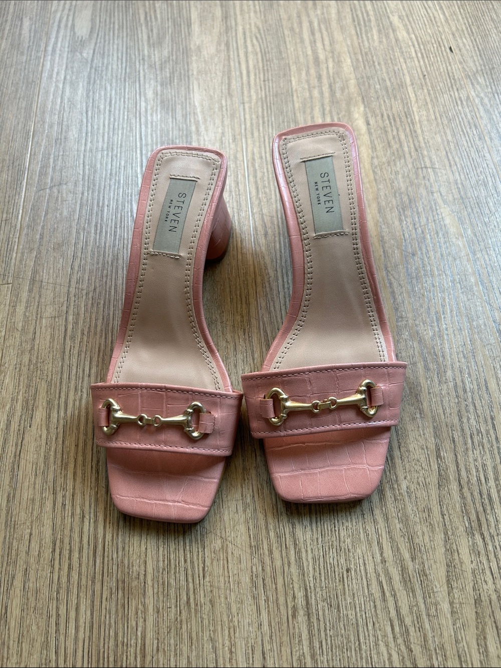 Steven By Steve Madden Rose Pink Croc-Embossed Slide Mules with Gold Bit